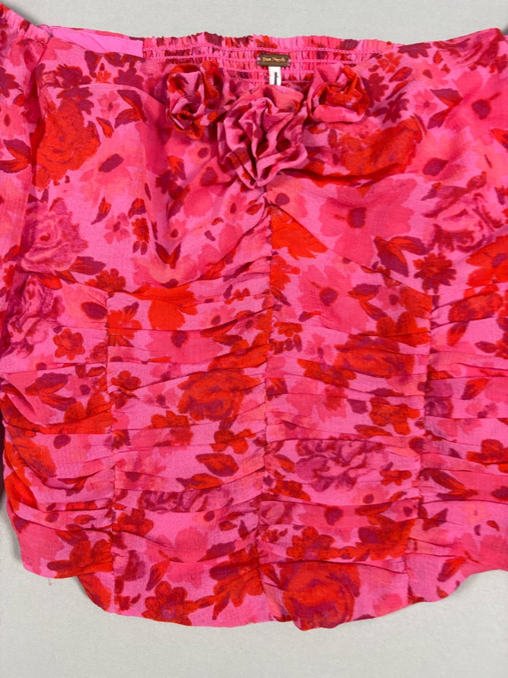 Free People Pink and Red Floral Ruched Long-Sleeve Top Cottagecore Boho Fairy, S - Picture 3 of 8